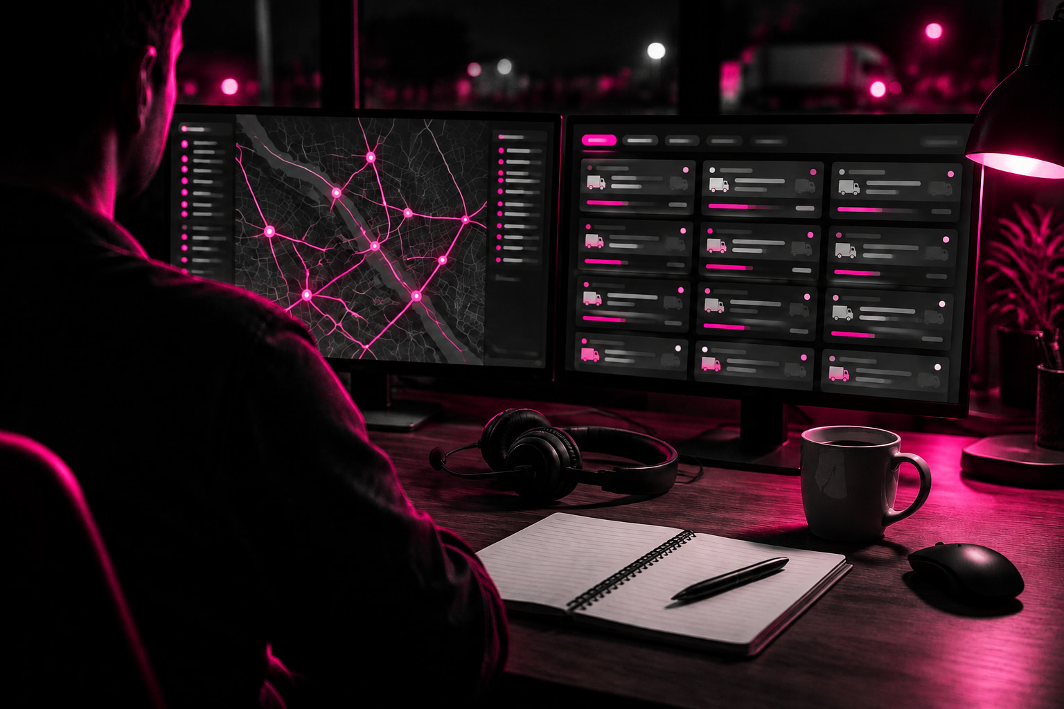 A freight dispatcher working load boards on two monitors at night